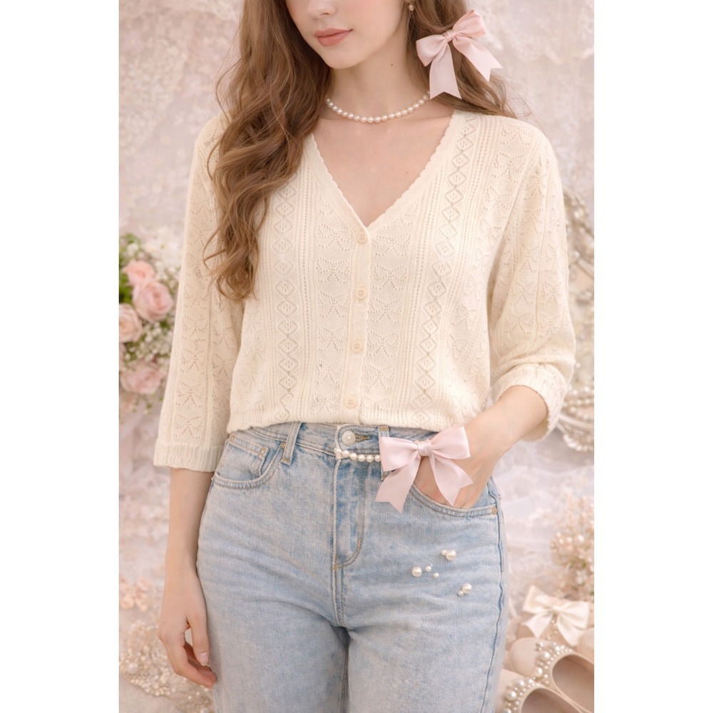 Merino Wool‎ Cream Bow Coquette Knit Cardigan Lightweight Cozy Romantic sweater